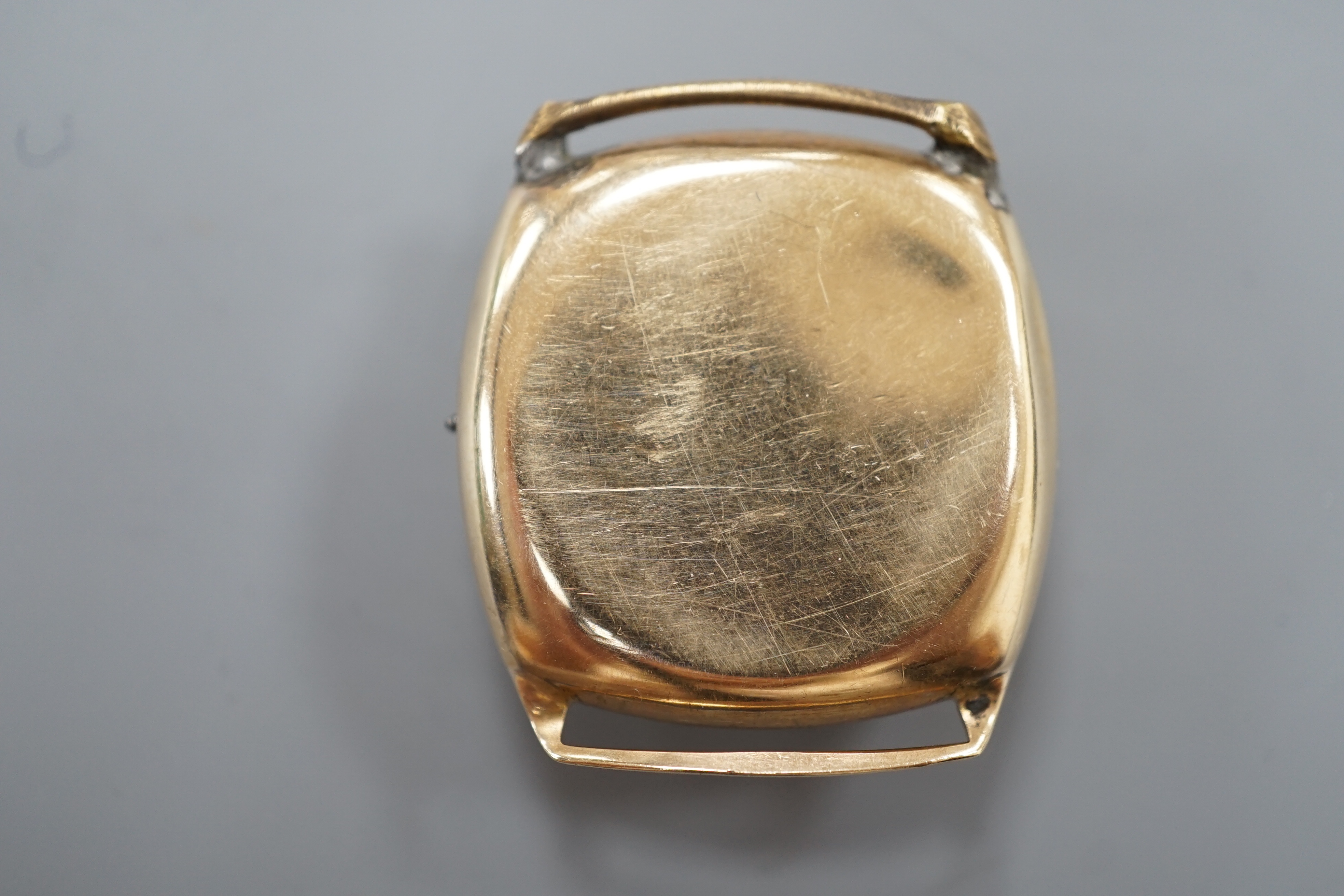A gentleman's 1940's 9ct gold Rolex Sport manual wind wrist watch, with Arabic dial and subsidiary seconds, case diameter 30mm, lacking winding crown and strap, gross weight 16.7 grams.